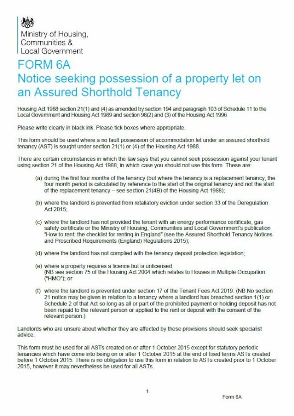 Embark Form 6A: Section 21 Notice for a no fault possession on an assured shorthold tenancy issue